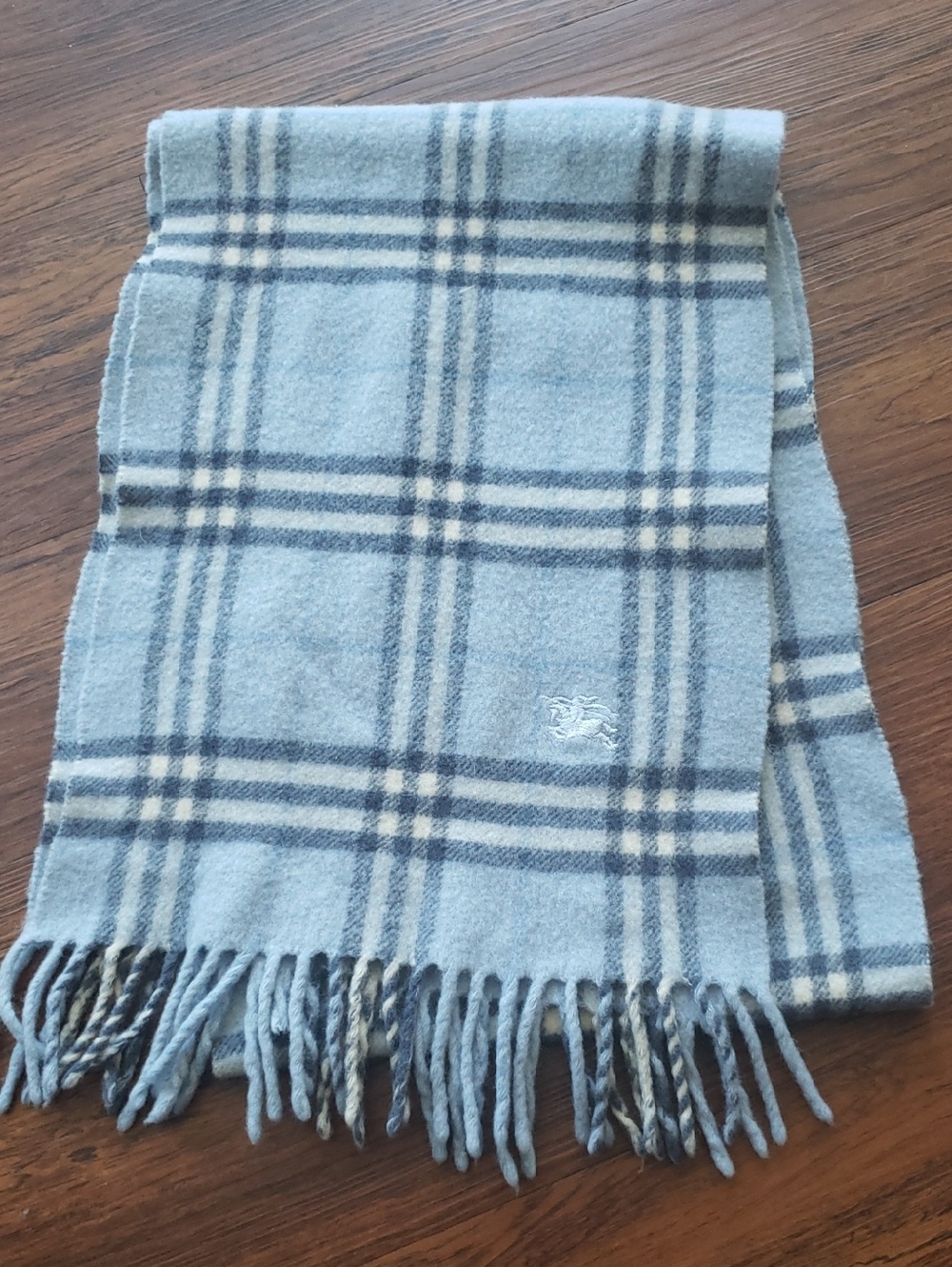 Vintage Burberry Blue Nova Plaid Wool Scarf Flawed